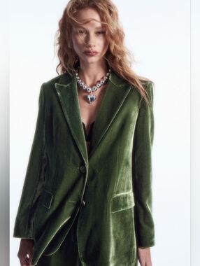 COS Blazer Jacket, Size 6, Green Velour, Collar, Plush